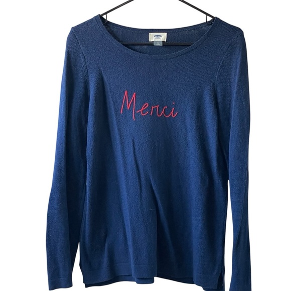 Old Navy Size Medium Navy Blue French Knit Sweater Merci - Picture 2 of 5